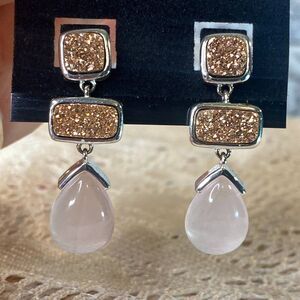 Pink Rose and Gold Druzy Earrings Dangle Unique Women's Jewelry
